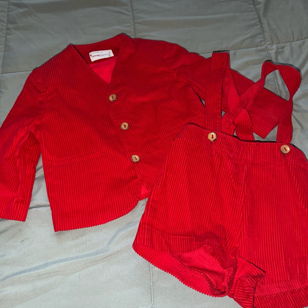 Vintage IMP Red Corduroy Button Jacket & Suspender Shorts Set. 2T
